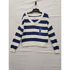 JoyLab Women Striped V-Neck Sweater Navy Peony Blue White Loose Fit S 309120740
